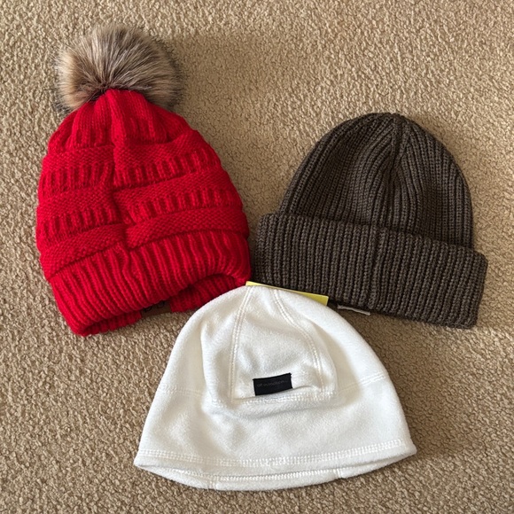 NWOT Beanie Bundle C.C Red Knit, Brown Alpine Design, & White All in Motion - Picture 2 of 13